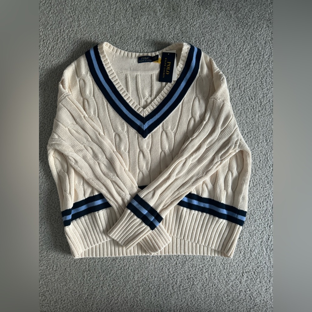 Polo by Ralph Lauren Cream Cable-Knit V-Neck Sweater with Navy & Light Blue Trim - Picture 2 of 9